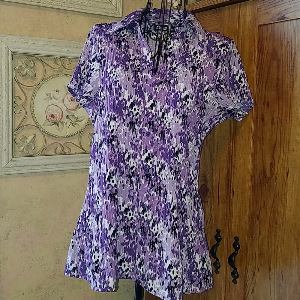 Fun, stylish button down, purple and black blouse